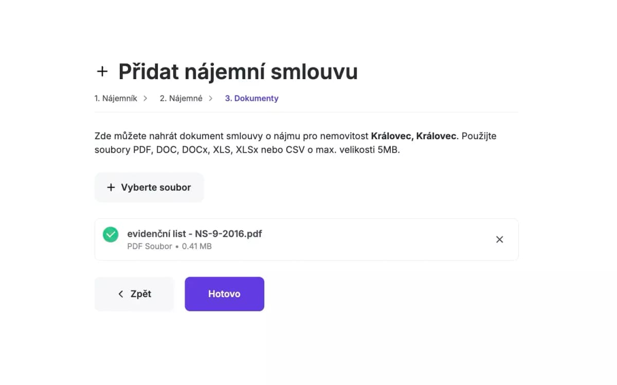Volitelné nahrání dokumnetů pro nájemní smlouvu